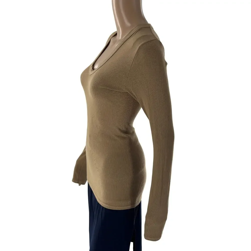 Enza Costa Sand Tan Ribbed U Neck Long Sleeve Top - Picture 7 of 10
